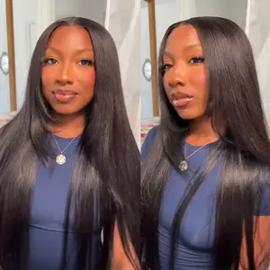 Nadula Glueless Yaki Straight Wig With Drawstring 7x5 Closure Pre-Cut Lace Black Bleached Knots 100% Human Hair 180% Density Easy to Install TikTokShopStockUp