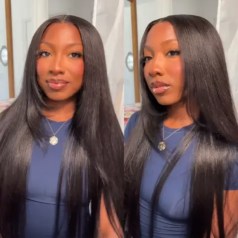Nadula Yaki Straight Wig With Drawstring 7x5 Closure Pre-Cut Lace Black Bleached Knots 100% Human Hair Kinky Straight Wig Glueless Adjustable Wig Natural Density Secure Fit Cap Easy to Install SoHoChic TikTokShopBackToSchool