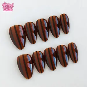 Amber Stripe Handmade Press-On Nails | Short Almond Shape, 10pcs | Warm Vintage Amber Stripe Design | Caramel Amber Base & Black Vertical Stripe & High Gloss Accents | Reusable DIY Nail Kit for Women | Trendy Nails for Spring, Summer, Dates & Daily Wear |
