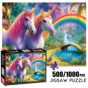 1pc 1000 piece adult puzzle 70x50cm Two Unicorns in Magical Rainbow - Filled Landscape 500 pieces of paper jigsaw puzzle, suitable for adults and families, large-scale DIY puzzle interactive toy g