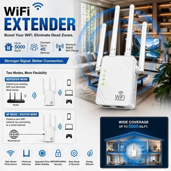 WiFi Extender Signal Booster Up to 5000sq.ft & 45 Devices Strong WiFi Range 2026