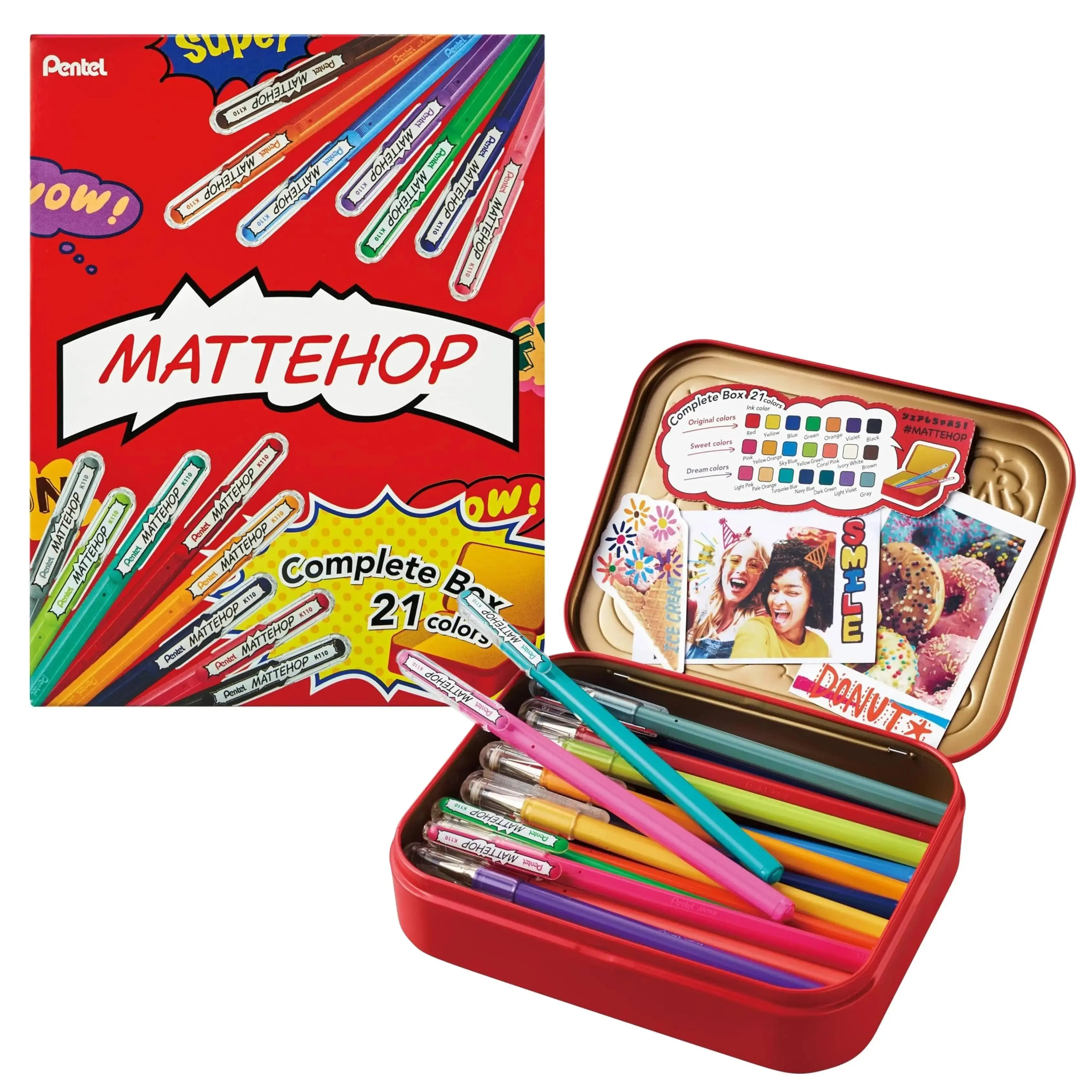 Pentel MATTEHOP Color Gel Pens Set - 1.0 mm Tip, 21 Colors Collectibles, Premium Metal Box Container, Award-Winning Hand Lettering Office Stationery for Creatives, Japanese Stationery Awards Grand Prize Winner