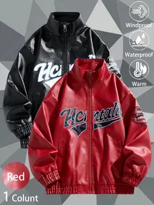 New Unisex Fashionable Oversized Windproof Warm Waterproof Durable Red Leather Motorcycle Jacket, Versatile Multi-Pocket Full-Body Embroidered Personalized Trendy Couple's Leather Outfit, Ideal for Daily Commuting, Wilderness Exploration, Hiking, Fishing