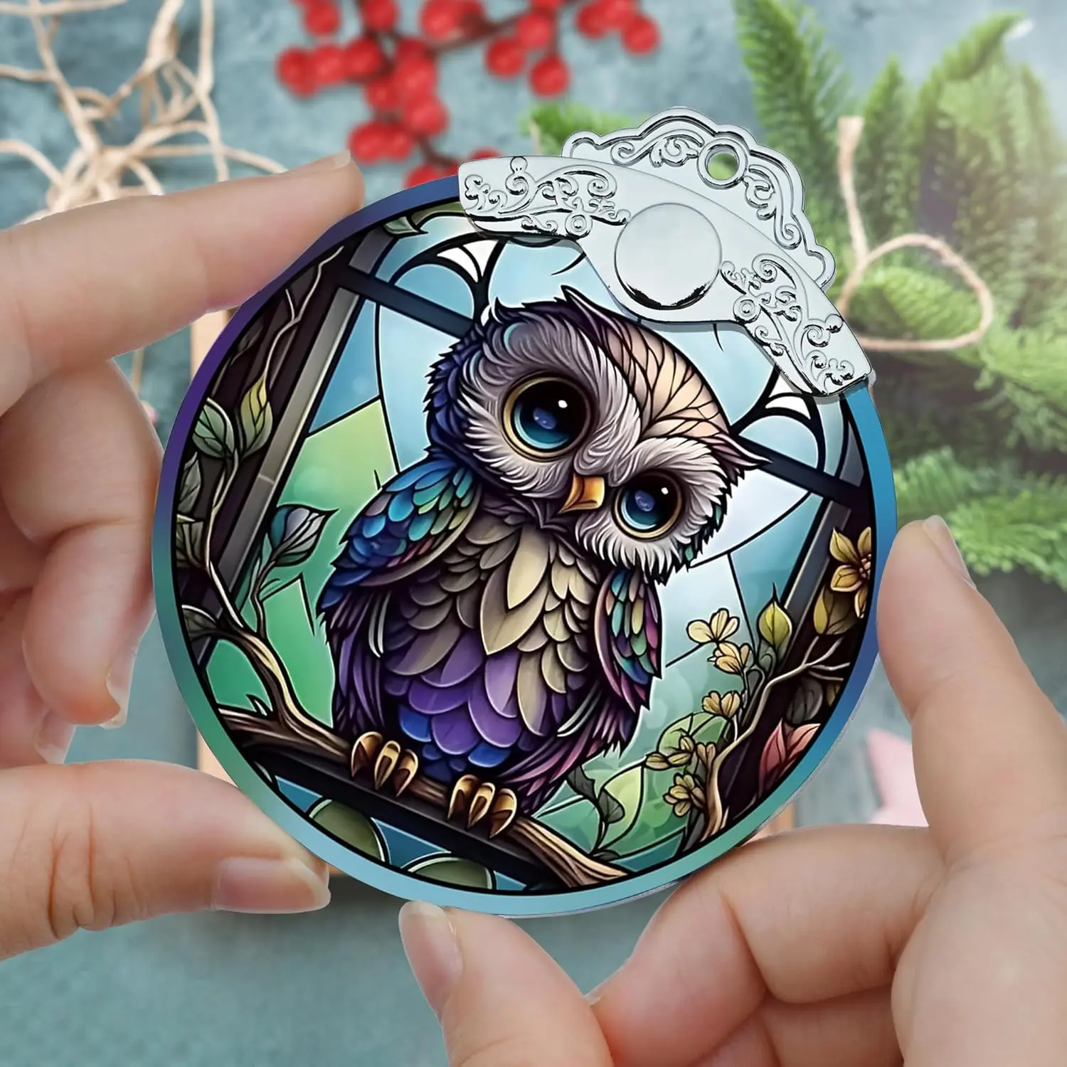 Owl Christmas Ornaments - Stained Glass Holiday Decorations, Tree Ornaments, Xmas Gifts for Owl Lovers