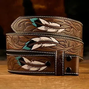 Western Cowboy Style Feather Pattern Belt, Boho Style Ethnic Pattern Trendy Belt for Women & Men, Fashionable Buckle Decorated Cowboy Waist Belt, Fashion Accessories for Daily Wear, Stylish Belts Men's  Ratchet Adjustable Belt Casual Modern Waistband