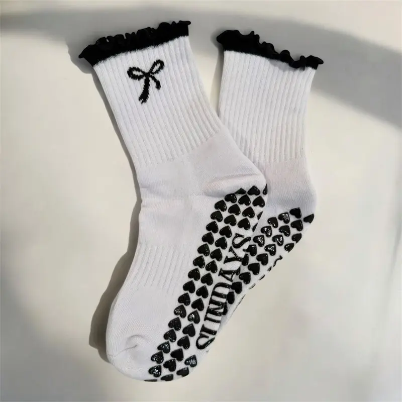 Embroidered Bow Grip Pilates Socks | Non-Slip Studio Socks for Pilates, Yoga & Barre