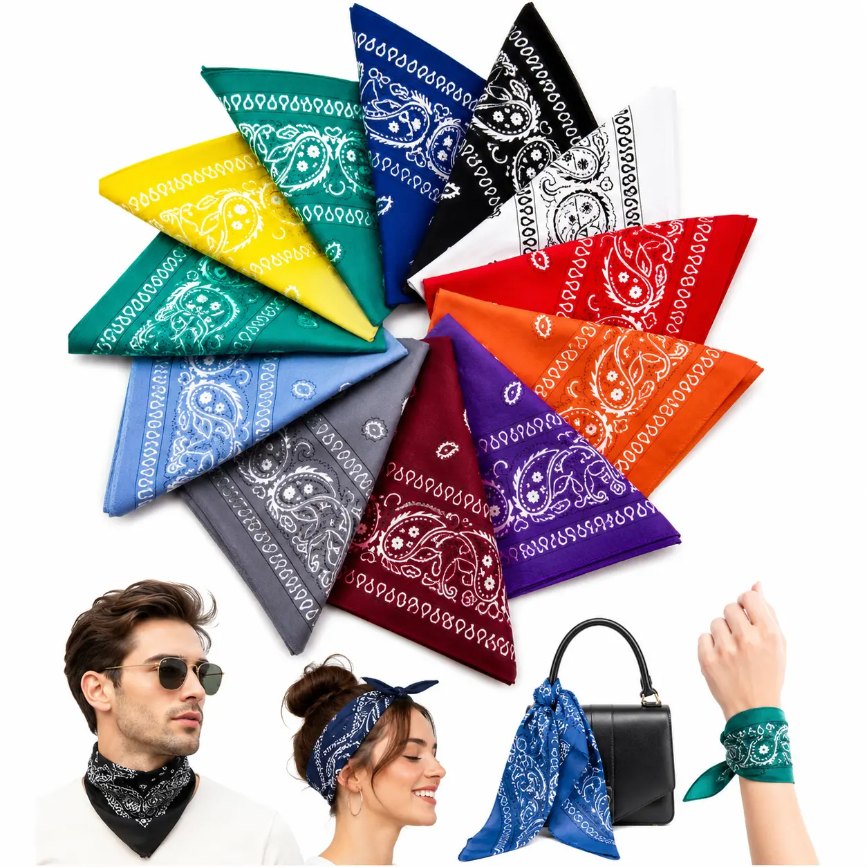 12-Pack Vintage Paisley Bandanas, 100% Cotton 22x22 Inch Unisex Handkerchiefs, Multi-Use Head Wrap for Parties & Fashion Styling, Bandana Head Wrap, Guys, Outdoor, Bandana Style, Eco-Friendly, Square, 12-Piece Value Pack, Casual, Headscarf, Paisley Print,