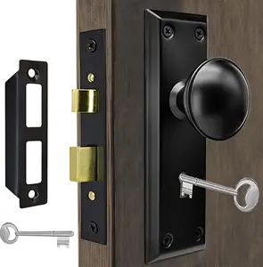 1 Pack Antique Interior Door Knobs Mortise Lock Set with Skeleton Key Locks, Vintage Door Hardware Parts Fit 1-3/8" -1-3/4" Thick Doors