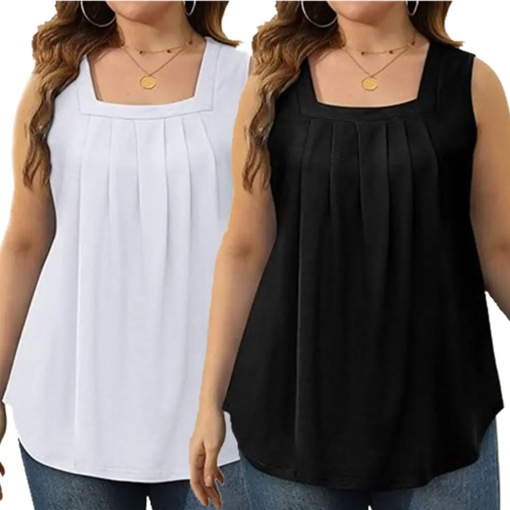 EncoLax 2Pack Plus-Size-Tank-Tops for Women Summer Pleated Square Neck Tunics Trendy Casual Sleeveless Shirts