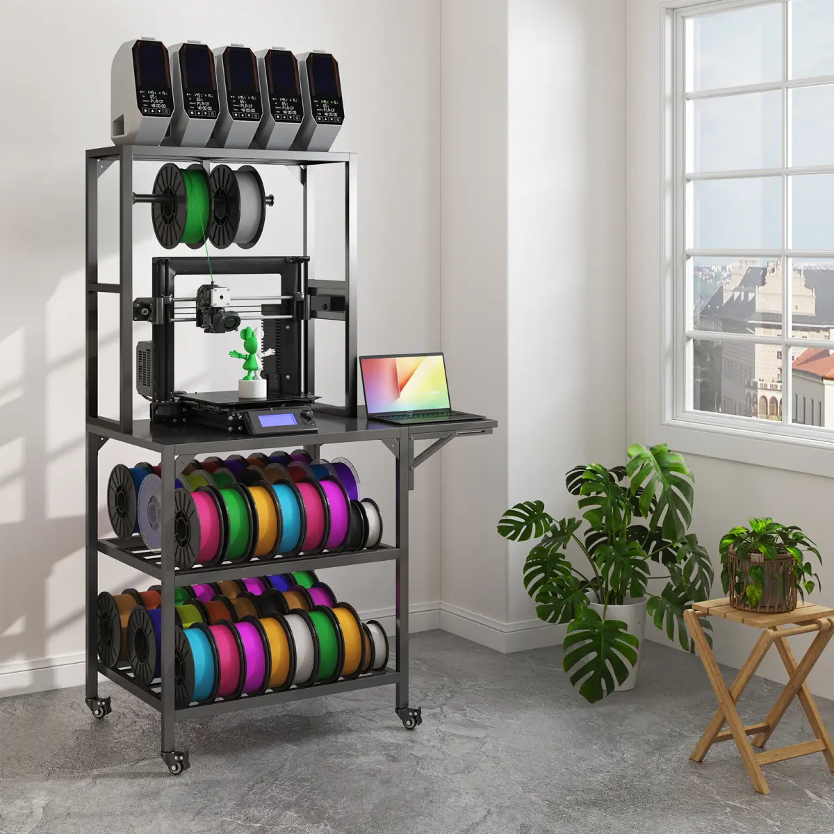 3D Printer Stand, Heavy Duty 3D Printer Table Stand with Filament Storage Rack, T-Shaped Spools Holder Rack with Wheels,3D Printer Workbench for 3D Printing Studio, Home Office Workshop