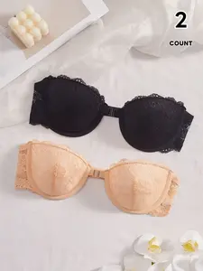 2-Pack Sexy Strapless Push-Up Bras for Women, Lace Front Buckle Bra with Steel Ring, Invisible Back Lingerie for Wedding Party