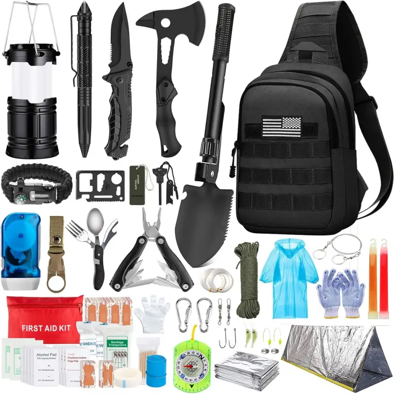 Emergency Kit, 151 Pcs Gear First Aid Kit, Outdoor Trauma Bag with Tactical Flashlight Pliers Pen Blanket Bracelets Compass for Camping Earthquake or Adventures