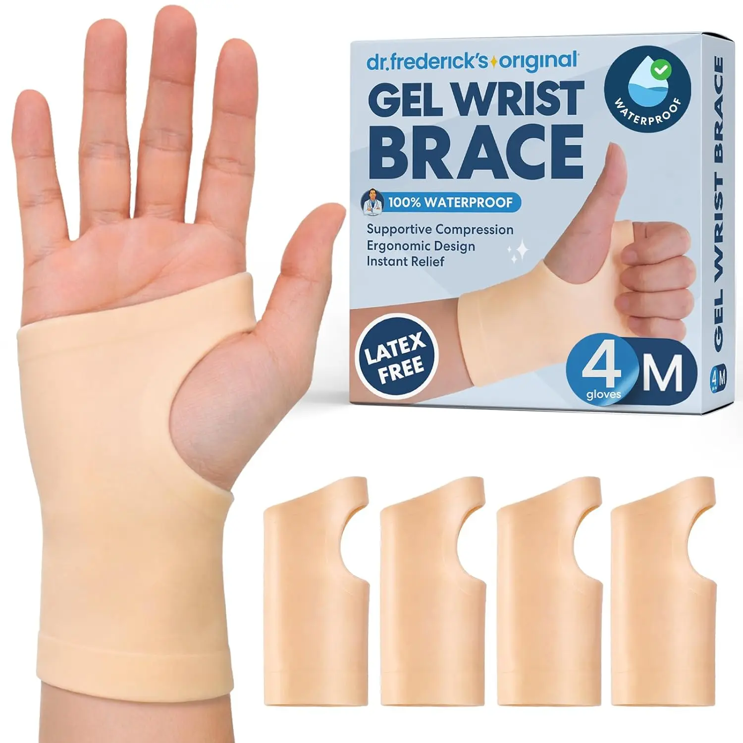 Dr. Frederick's Original Gel Wrist Brace - 4 ct - Waterproof Fingerless Compression Sleeve - Mild Carpal Tunnel, Arthritis & Tendonitis Relief - Fits Left & Right Hand - Men & Women - Medium