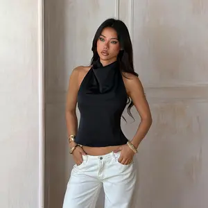 JY24641PFO-Womens Satin Halter Casual Vest Solid Backless Tie Vest for Girl