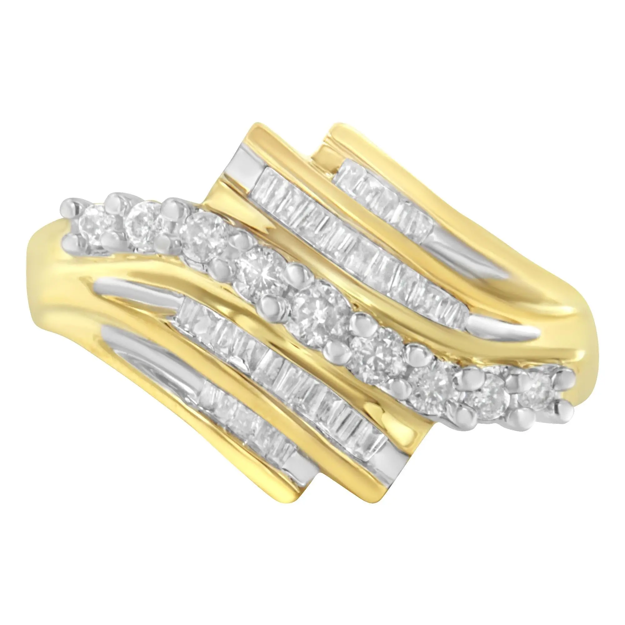10K Yellow Gold Round and Baguette Diamond-Cut Ring (1/2 Cttw, I-J