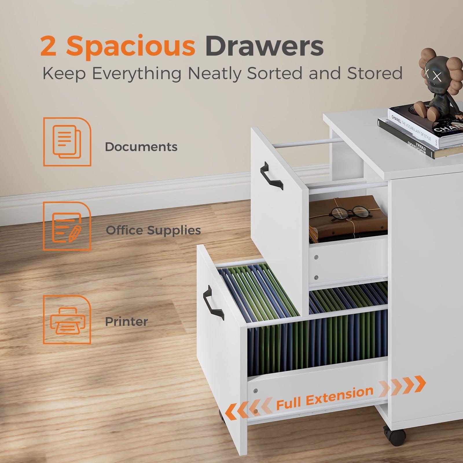2-Drawer Rolling File Cabinet with Lockable Wheels, Printer Stand with Storage for Home Office