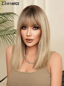 Women's Shoulder-Length Straight Hair Wig with Bangs, 16 Inches Heat Resistant Fiber Synthetic Wig for Daily Use, Music Festivals, Party, Role Play