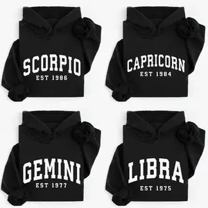 (LEAVE A NOTE or DM SHOP) Custom Zodiac Hoodie with Est Year - Black, Cute Horoscope Astrology Graphic Hoodie, Unisex Crewneck Hoodie, Personalized Zodiac Energy Gift for Birthday, Star Sign Lovers, Celestial Hoodie - AL