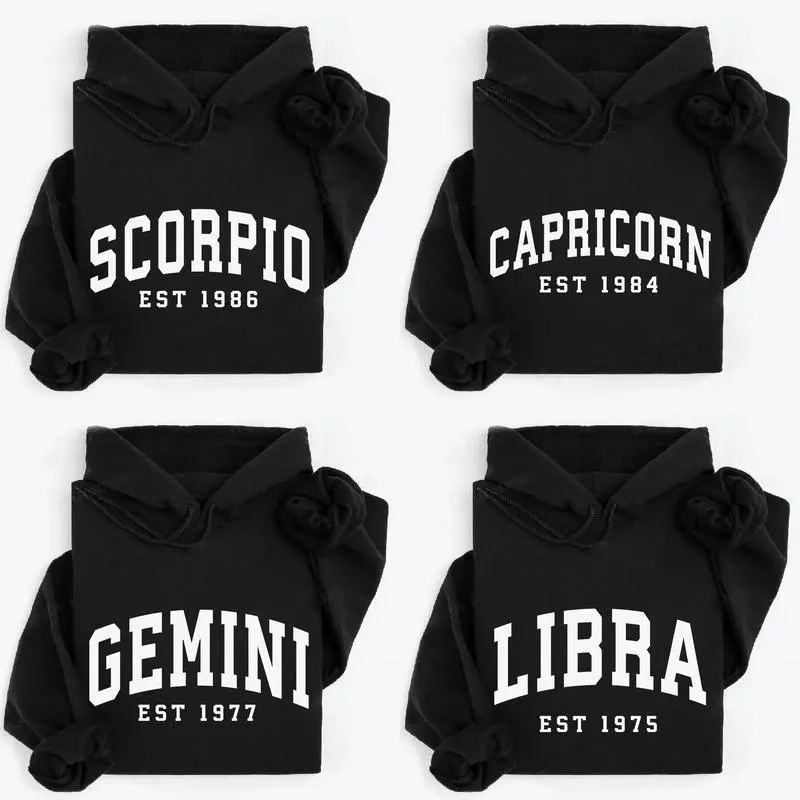 (LEAVE A NOTE or DM SHOP) Custom Zodiac Hoodie with Est Year - Black, Cute Horoscope Astrology Graphic Hoodie, Unisex Crewneck Hoodie, Personalized Zodiac Energy Gift for Birthday, Star Sign Lovers, Celestial Hoodie - AL