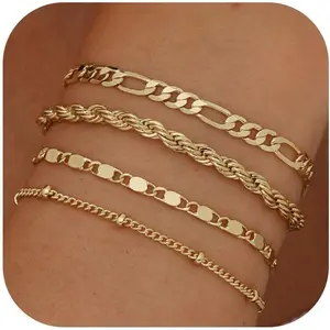TEN MIRO 16k Chunky Gold Bracelets for Women Non Tarnish, Womens Gold Bracelet Stack Layered Chunky Chain Bracelets Waterproof Link Cuff Herringbone Bracelet Mothers' Day Jewelry Gifts