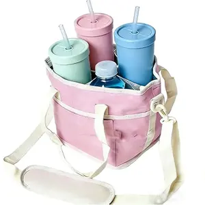 4 Cup Insulated Drink Carrier Bag with Adjustable Strap, Large Family Size Portable Tumbler Caddy for Walking, Camping, Picnics & Daily Errands, Hands-Free Leak-Proof Drink Holder, Great Gift for Moms, Dads & Active Families