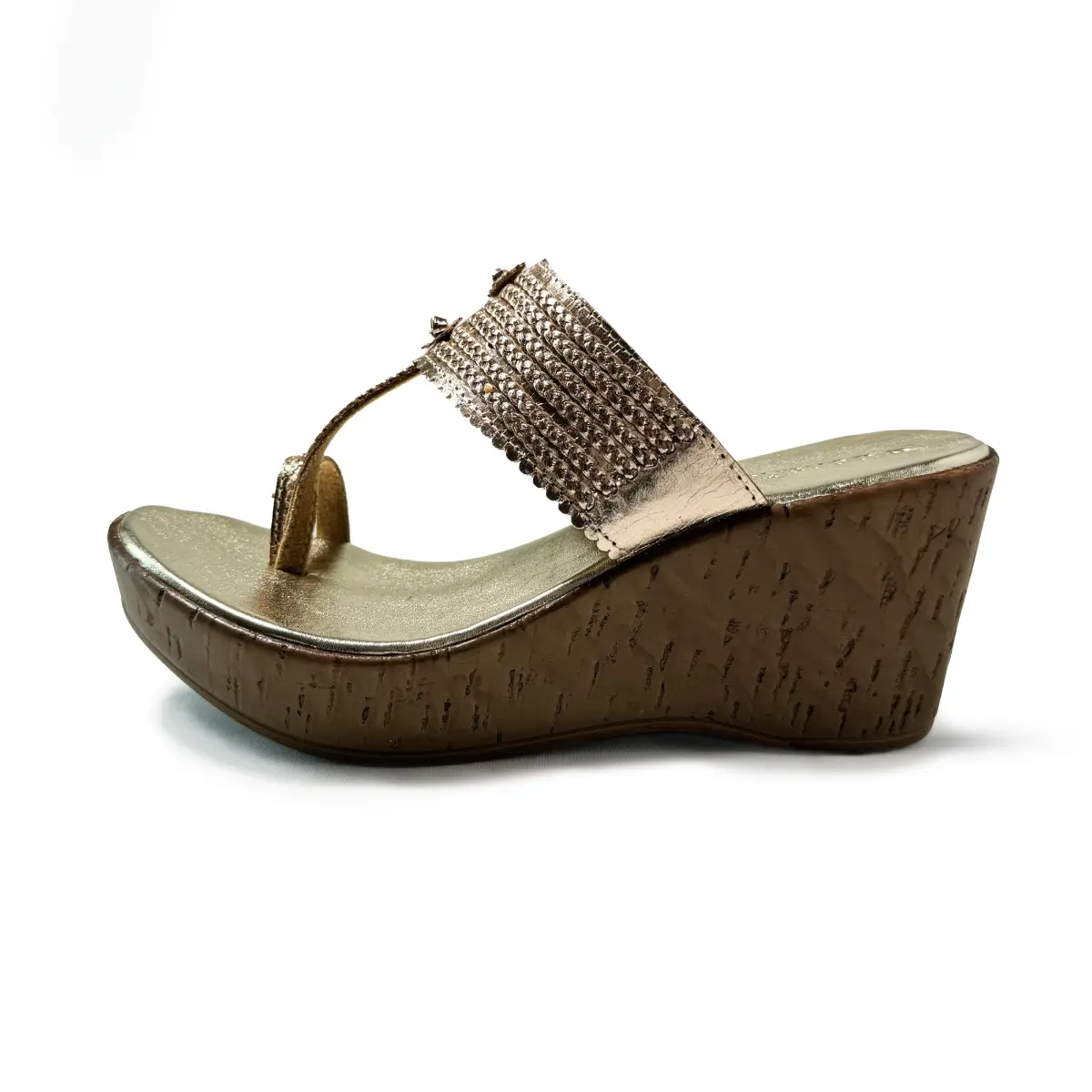 Bonahide Women's Genuine Leather Gold Kolhapuri Wedge Sandal Walking Shoes Footwear Shoe Comfort Stylish