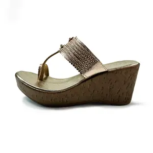 Bonahide Women's Genuine Leather Gold Kolhapuri Wedge Sandal Walking Shoes Footwear Shoe Comfort Stylish