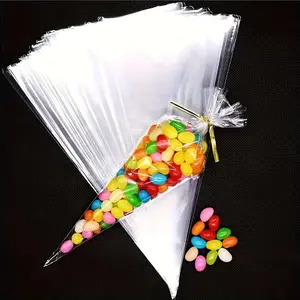 50Pcs opp plastic triangular bag disposable transparent OPP triangular candy bag ice cream bag popcorn bag various small snack bags (with silk) Premium Packaging