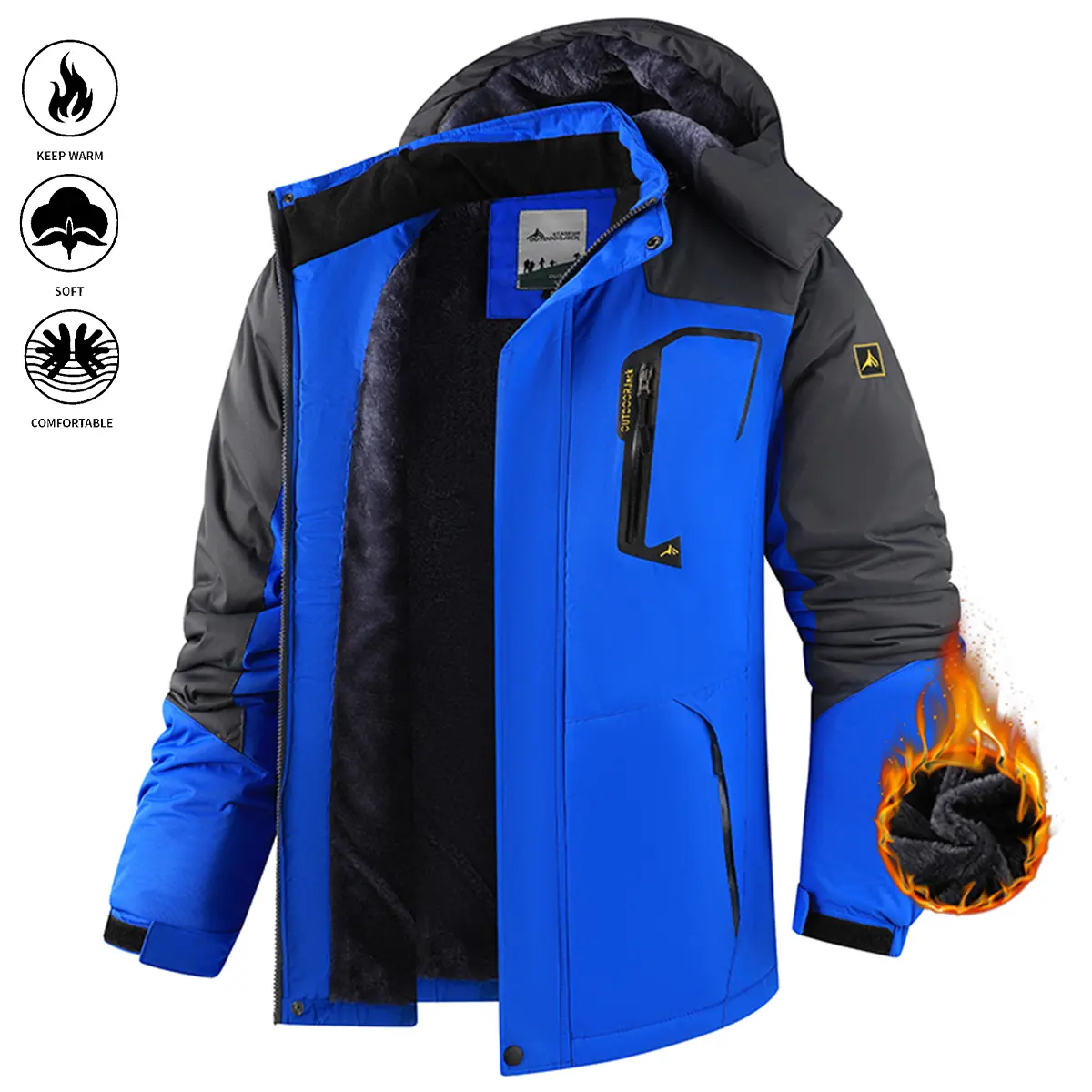 Men’s fleece-lined winter snow jacket with hood, zippered chest pocket and side pockets, adjustable Velcro cuffs, sleeve label design, thick, fluffy fleece lining, windproof, waterproof outer shell, suitable for skiing in snowy conditions, winter hiking,