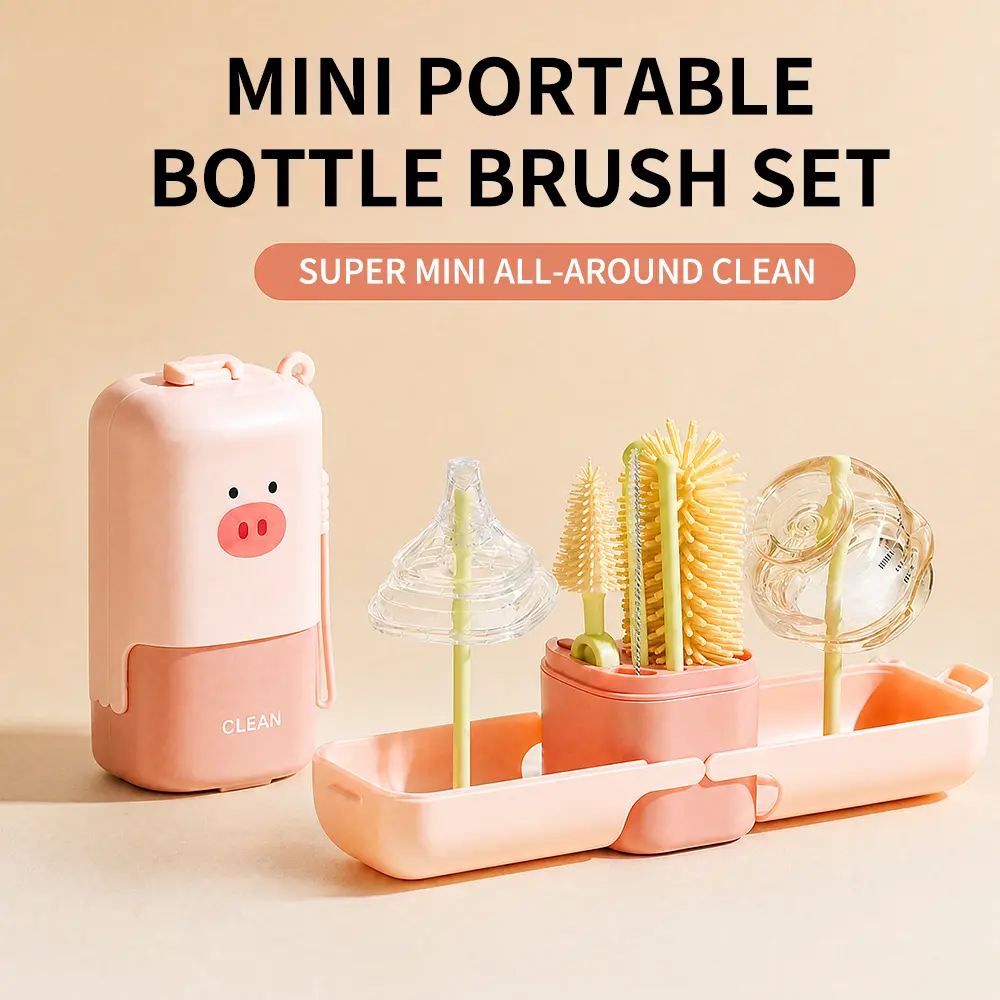 Portable Food-Grade Silicone Bristle Bottle and Straw Brush Cleaning Set, Prop 65 Safe Compact Travel-Friendly Cleaner with Storage Case for Nipple, Cup Lid - Home & On-the-Go Use