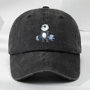 Funny Weightlifting Panda Washed Cotton Dad Hat, Distressed Unstructured Baseball Cap for Men Women, Breathable Workout Gym Hat for Fitness Lovers, Great Birthday Gift for Gym Bros Boyfriend Personal Trainer