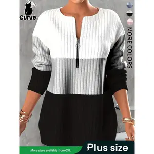 Plus Size Women's Fall Winter Casual Loose-Fit Zipper Colorblock Sweatshirt, Round Neck Long Sleeve Comfortable Daily Wear Outerwear