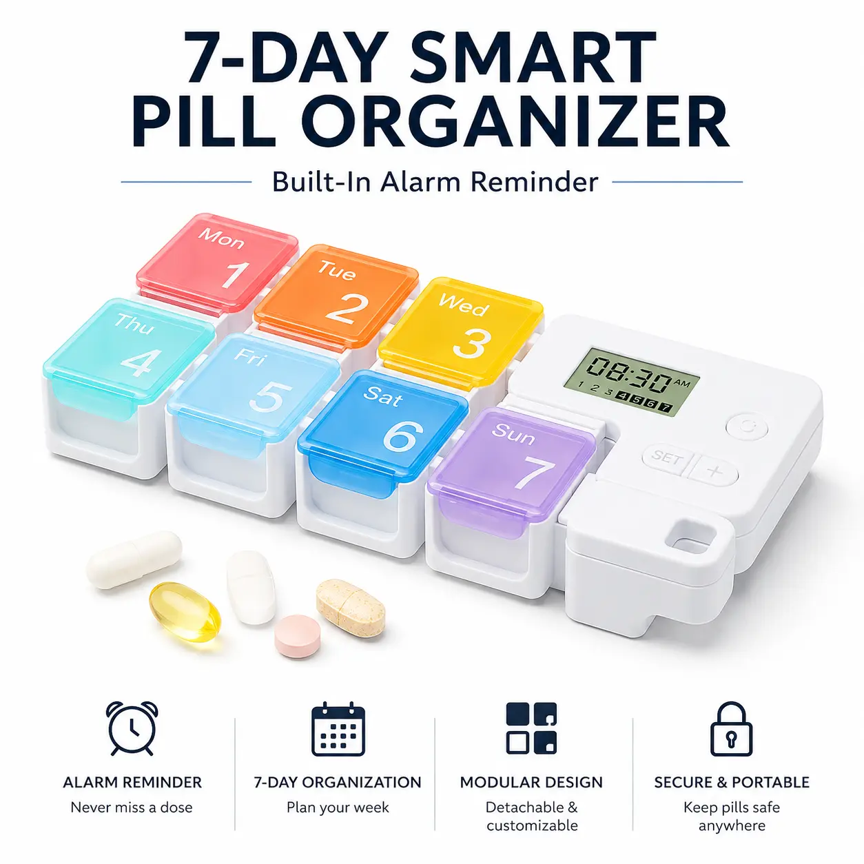 7-Day Multifunctional Smart Pill Organizer - Modular, Compact Rectangle Dustproof Storage Case with Built-In Alarm Reminder, LCD Display, Detachable Daily Compartments, Portable Color-Coded Vitamin Dispenser for Home & Travel Use