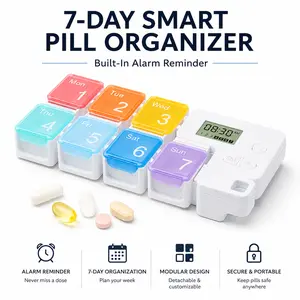Smart Pill Organizer with Built-In Alarm Reminder, 7 Day Weekly Pill Box with LCD Display, Detachable Daily Compartments, Portable Vitamin and Supplement Storage Case, Color-Coded Medication Organizer for Home Office Travel
