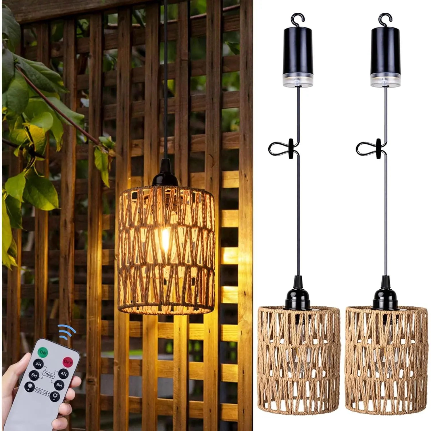 Battery Operated Chandelier Battery Hanging Pendant Light Rattan Lights with Warm White Bulb 4*AA Battery Powered for Gazebo Pergola Porch Patio Outdoor Indoor Decor