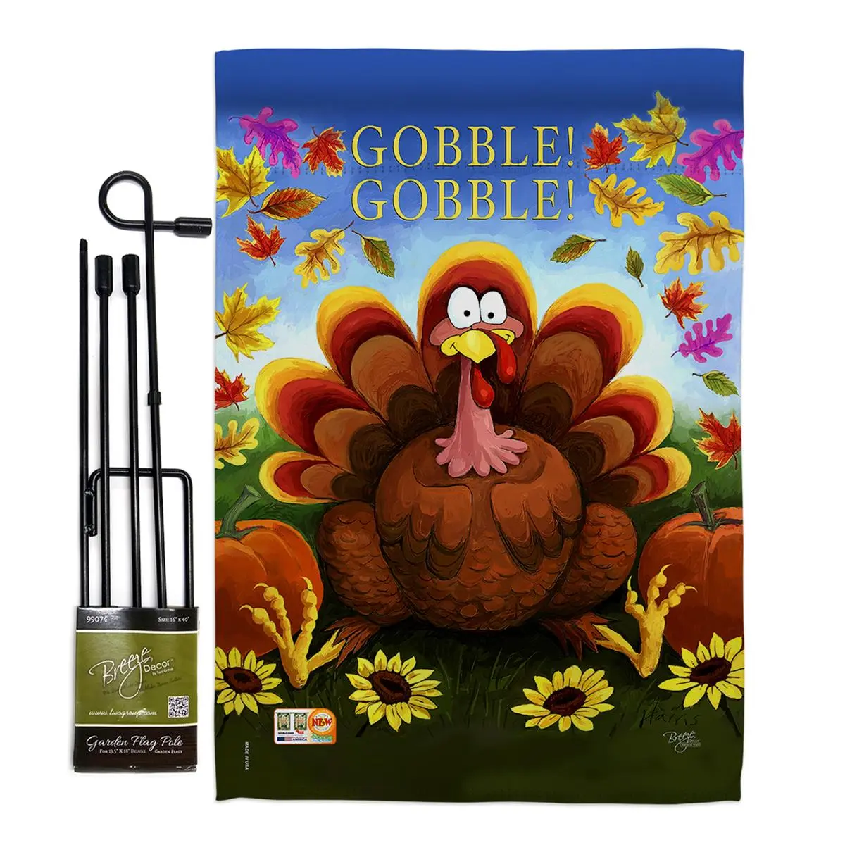 Breeze Decor BD-TG-GS-113051-IP-BO-D-US14-AL 1-Piece 13" x 18.5" Gobble Fall Thanksgiving Vertical Double-Sided Eco-Friendly Inks Fade-Resistant Mini Garden Flag Set with Banner Pole