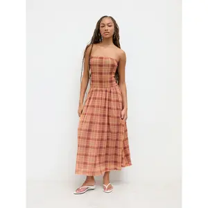 Cider Mesh Plaid Ruffle Bandeau Maxi Dress