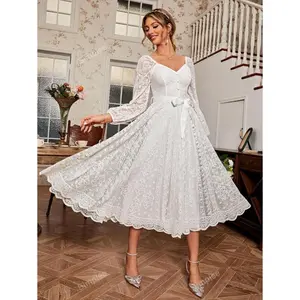 Women's Elegant Vintage Lace Flare Hem Fitted Long Sleeve Dress, Wedding Party Dress, Spring Bella Vista Bridal Dress Chic Polyester Womenswear Zipper Fabric Basic Minimalist White