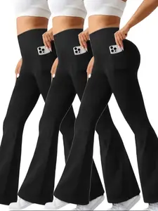 3-pack ultra-soft high-waisted women’s pants with a slight flare; tummy-control stretch flared pants with side pockets—casual and versatile for everyday wear; available in four colors and suitable for all seasons.