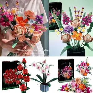 Multiple Bouquets Flower Building Blocks Potted Plants Puzzle Assembly Living Room Decorations Fresh flowers decoration ornaments Holiday DIY Valentine's Day Birthday Gift Building Block Sets Flower Bricks