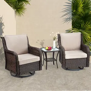 3-Piece Swivel Rocker Patio Bistro Set with Cushions, 360 Degree Rotating Wicker Rattan Outdoor Furniture Set with Side Table, Glider Chairs for Porch and Balcony Plush Modular Outdoor Lounge Set