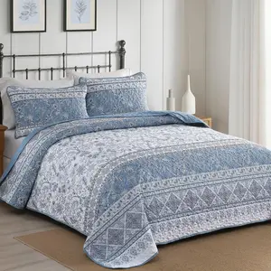 Blue Boho Set Queen Size Striped Bedspread Floral Bedding Set 3 Pieces Soft Microfiber Paisley with 2 Pillow Shams 96" x90''
