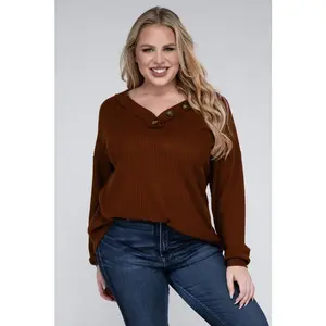 ZENANA Plus Brushed Waffle V-Neck Button Detail Sweater