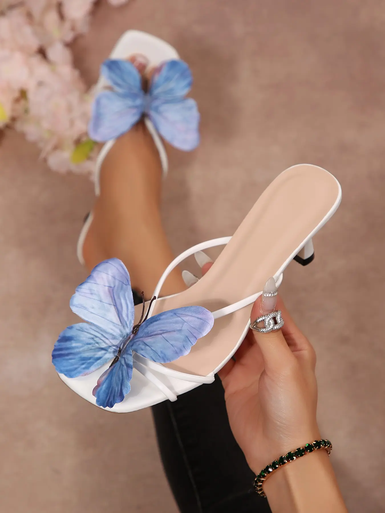 French Stiletto Heel Sandals, Women Butterfly Strap, PU Leather, Square Toe, Party Style, Evening Wear, Wedding, Summer Fashion, Slimming Effect, Classy Sandal