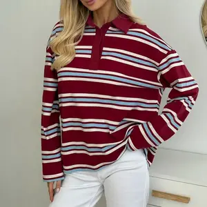 Long-sleeved striped T-shirt for women, European and American spring and summer new polo collar loose T-shirt, trendy retro bottoming T-shirt