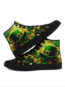 Women's Fashionable Colorblock Letter & Four Leaf Clover Pattern High Top Canvas Sneakers, Casual Comfortable Lace Up Shoes for Daily Wear