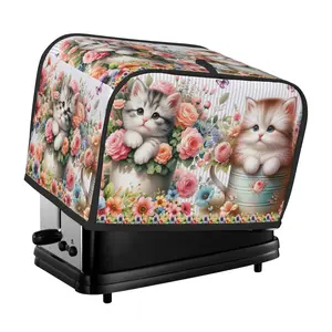 Hello Summer Cute Cat Toaster Dust Cover, Colorful Flower Theme, 2-Slice Toaster Dust Cover, Fits Most Microwave Oven Covers