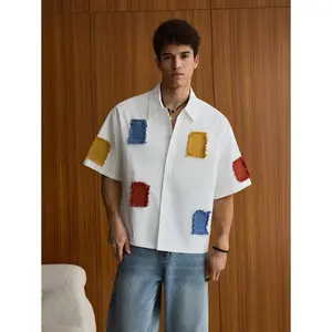 SWAVVY Men's Fashion Casual Color Clash Applique Embroidered Button Up White Boxy Shirt, For Summer Outfits