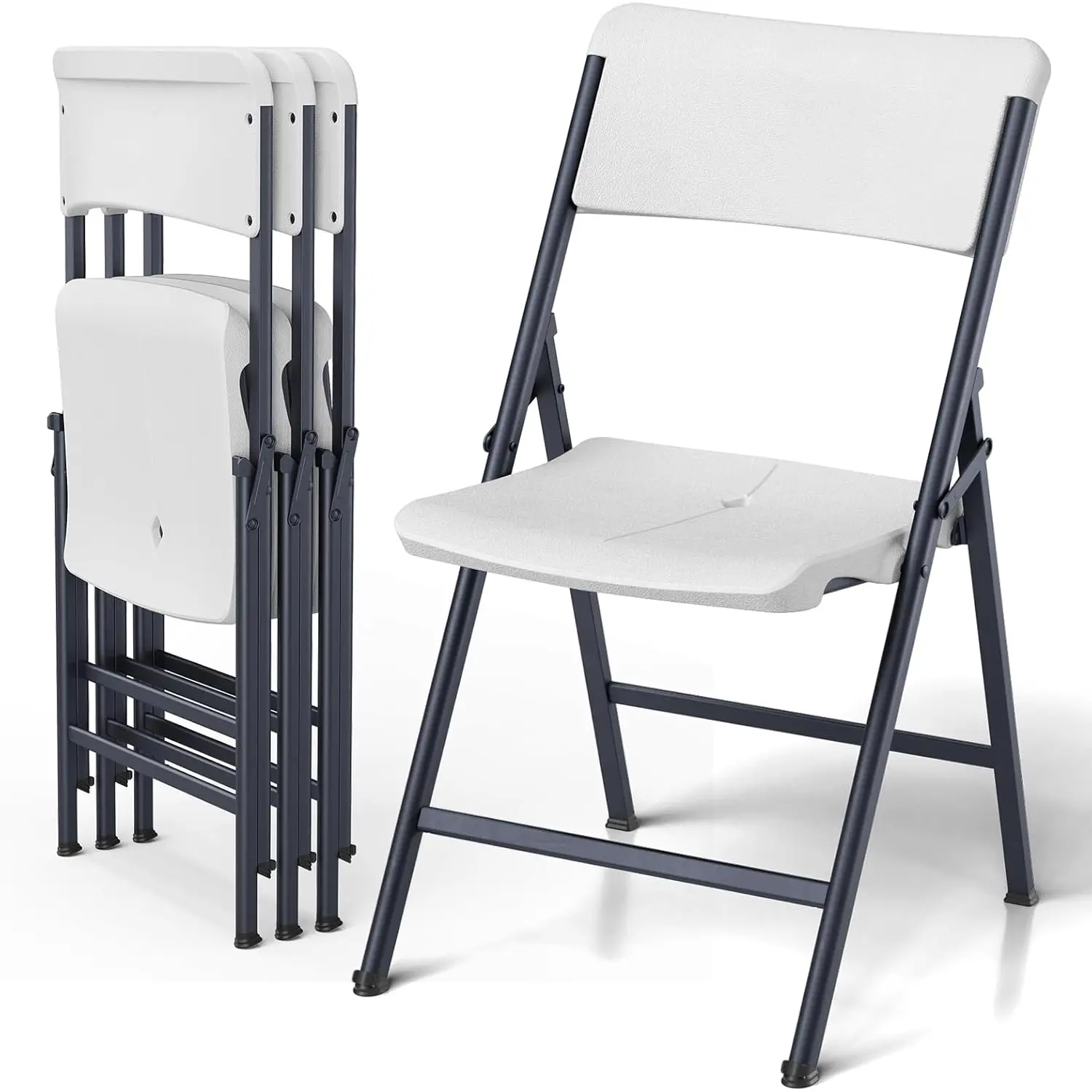 White Folding Chairs 4 Pack, Outdoor Portable Plastic Foldable Chairs with Metal Frame, 300lbs Capacity Heavy Duty Folding Chairs for Patio, Picnic, Kitchen, Dining, Party