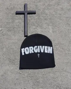 Black Forgiven Beanie with Rhinestone Design DTG Printed 100% Cotton Hat for Men